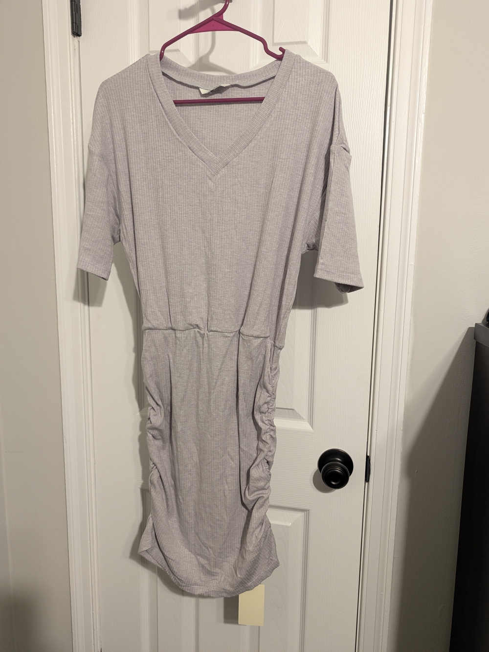 HALARA Light Gray Ribbed V-Neck Sleep Dress with Side Ruching